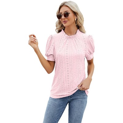 Women's Embroidery Mock Neck Blouse Lantern Sleeve Vintage Ruffle Neck Elegant Eyelet Tops