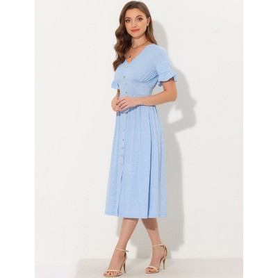 Blue Smocked High Waist Button Midi Dress with Flutter Sleeves