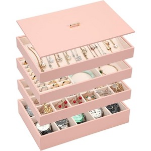 Set of 4 Stackable PU Leather Jewelry Trays with Lids, Drawer Organizer Inserts for Earrings & Watches, Black - 1 of 4