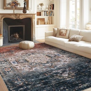 Area Rug, Washable Ombre Print Vintage Distressed Ultra-Thin Bedroom Living Room Accent Rug, Low Pile Non-Slip Area Rug for Dining Room Home - 1 of 4