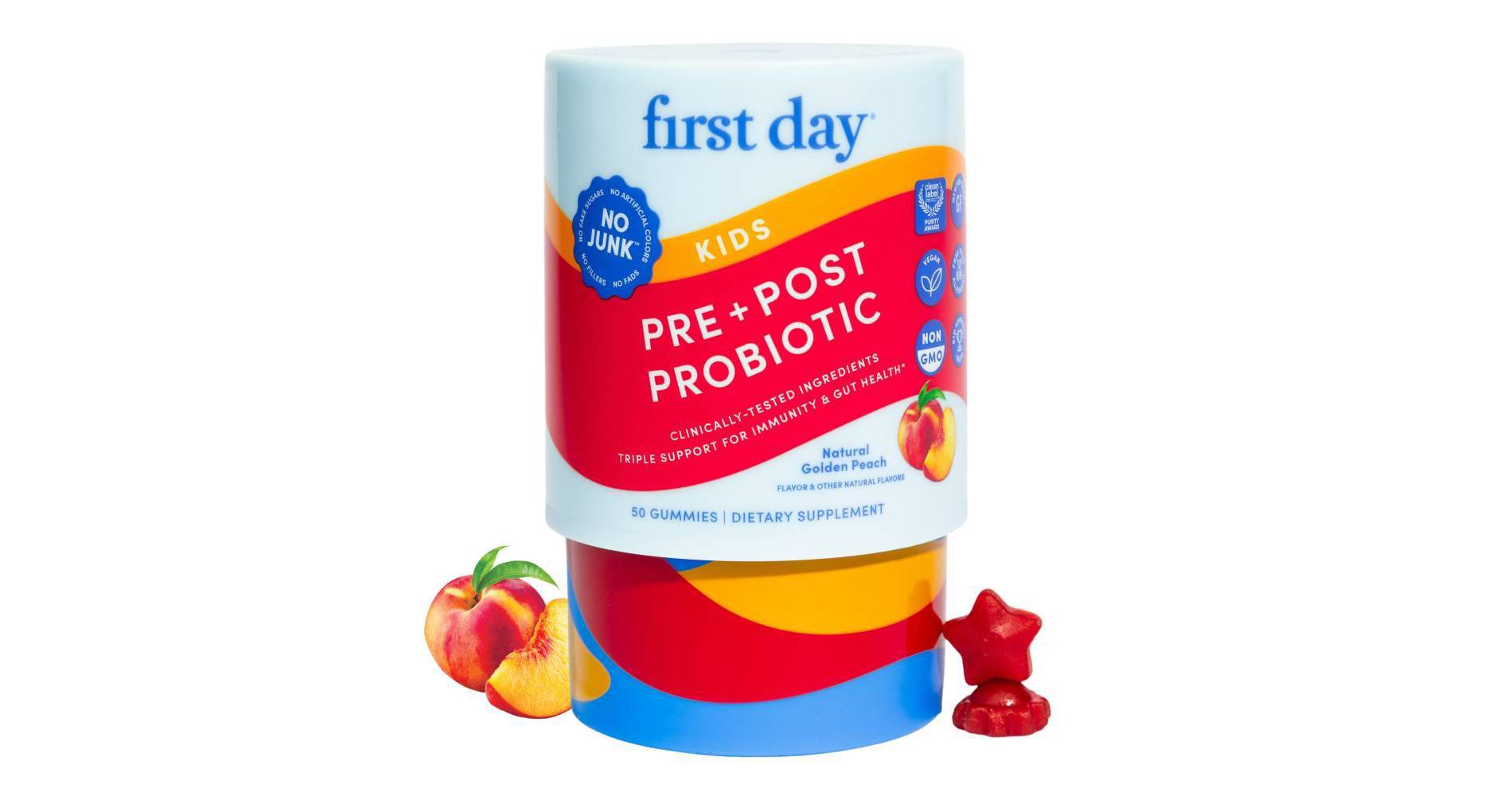 First Day Kids' Pre + Post Probiotic Gummies for Immunity and Gut Health - Natural Golden Peach - 50ct