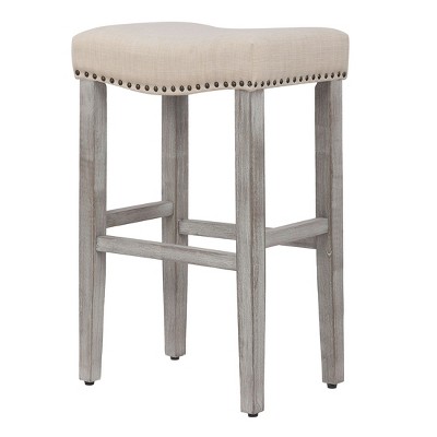 Beige Upholstered Saddle Seat Bar Stools, Set of 2