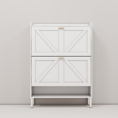 TIRAMISUBEST White Shoe Cabinet with Metal Flip Frame - Space-Saving Storage Organizer for Entryway, Hallway or Living Room
