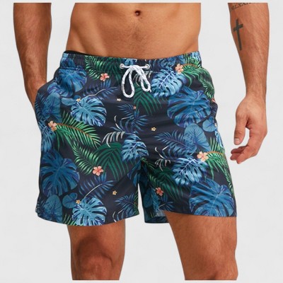 Anna-Kaci Men's Tropical Leaf Print Swim Trunks with Adjustable Drawstring and Side Pockets