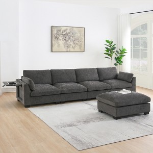 YOOCOZZ Chenille Sectional Sofa with Charging Ports, Side Storage Pockets, Folding Table, Movable Ottoman - 1 of 4