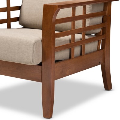 Beige Barrel Accent Chair with Cherry Wood Frame