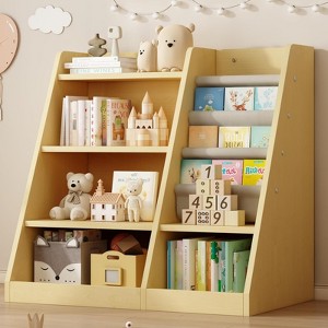 ALEXOUN Wooden Kids Bookshelf with Sling Book Rack - 4-Tier Bookcase & Toy Storage Organizer,Space-Saving Design for Toddler Room, Playroom - 1 of 4