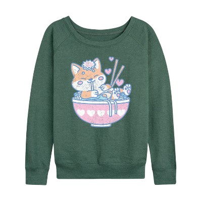 Women's - Instant Message - Kawaii Ramen Shiba Inu Lightweight French Terry Wide Neck Long Sleeve Graphic Shirt