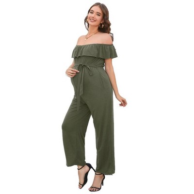 Casual Off Shoulder Maternity Jumpsuits Short Ruffle Sleeves Belted Wide Leg Jumpsuits Romper military green_M