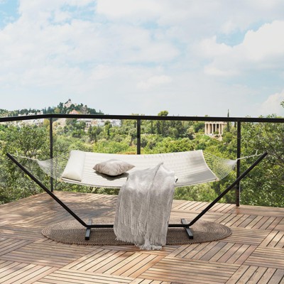 2-Person Hammock with Iron Stand - 475Lb Capacity, Portable, Polyester Net & Cotton Cushion for Garden & Camping