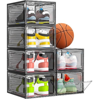 Attop 6 Pack Thicken Sturdy Clear Shoe Storage Boxes–Magnetic Door, Stackable Foldable Space-Saving Organizer for Sneaker/Boot, Durable Plastic White