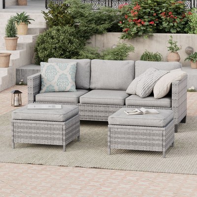 Sonkuki Outdoor 3-Seater Patio Sofa Set Furniture Set Brown/Gray Wicker Rattan with Cushions, Ottomans