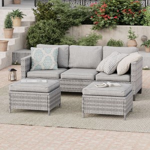 Sonkuki Outdoor 3-Seater Patio Sofa Set Furniture Set Brown/Gray Wicker Rattan with Cushions, Ottomans - 1 of 4