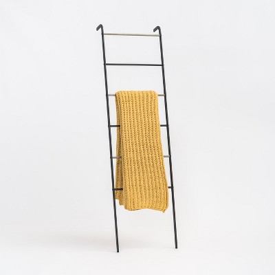 Black Metal and Wood Ladder Style Garment Rack