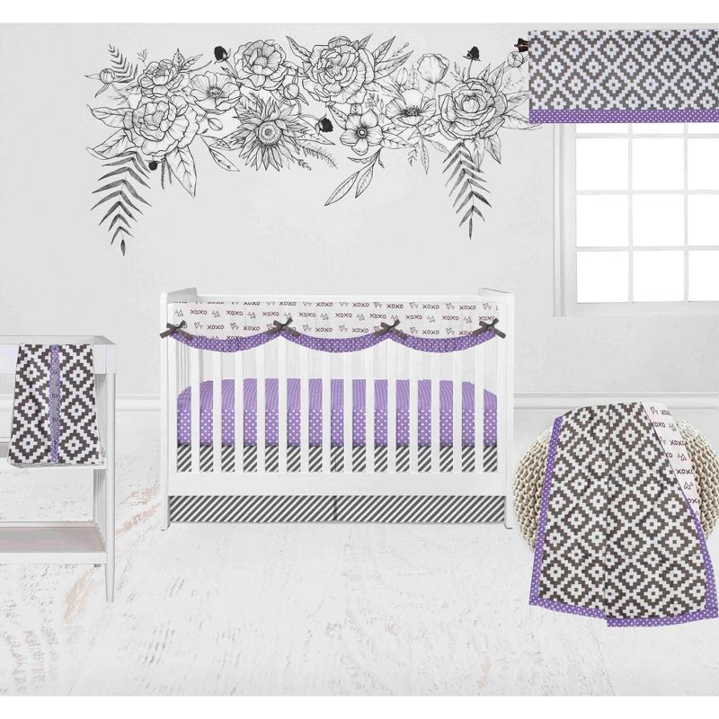 Bacati - Love Design/Print Gray Lilac 6 pc Crib Bedding Set with Long Rail Guard Cover, 4 of 12