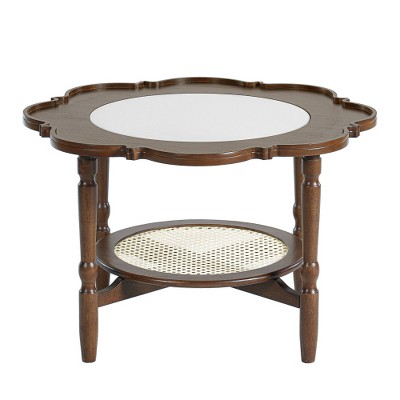 LIVAREEmlen Mid-Century Style Coffee Table with Petal Shape and White Crackle Pattern Glass, 2-Tiered Coffee Table with Rattan, Walnut, 31.5"