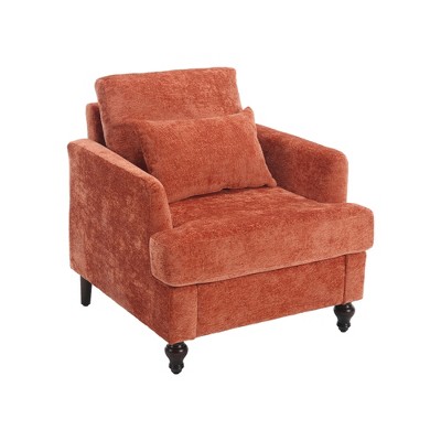 Vynxaria Mid Century Modern Tufted Club Chair Orange Chenille, Studded, Solid Wood Frame, Removable Cushions