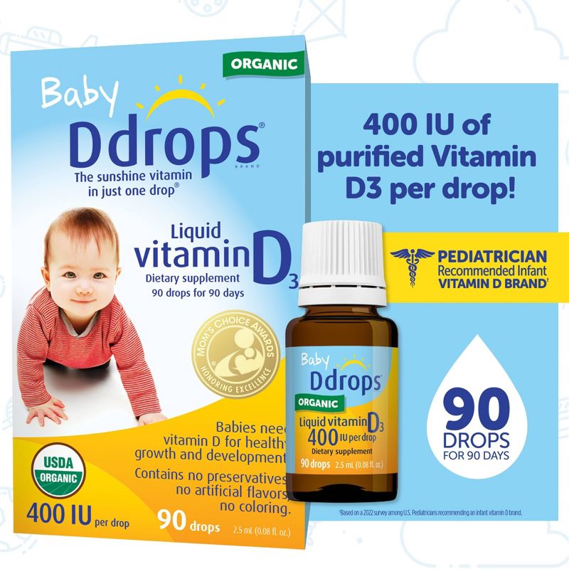 Ddrops Baby Vitamin D 400 IU Organic Liquid Drops - 0.08 fl oz, 3 of 15