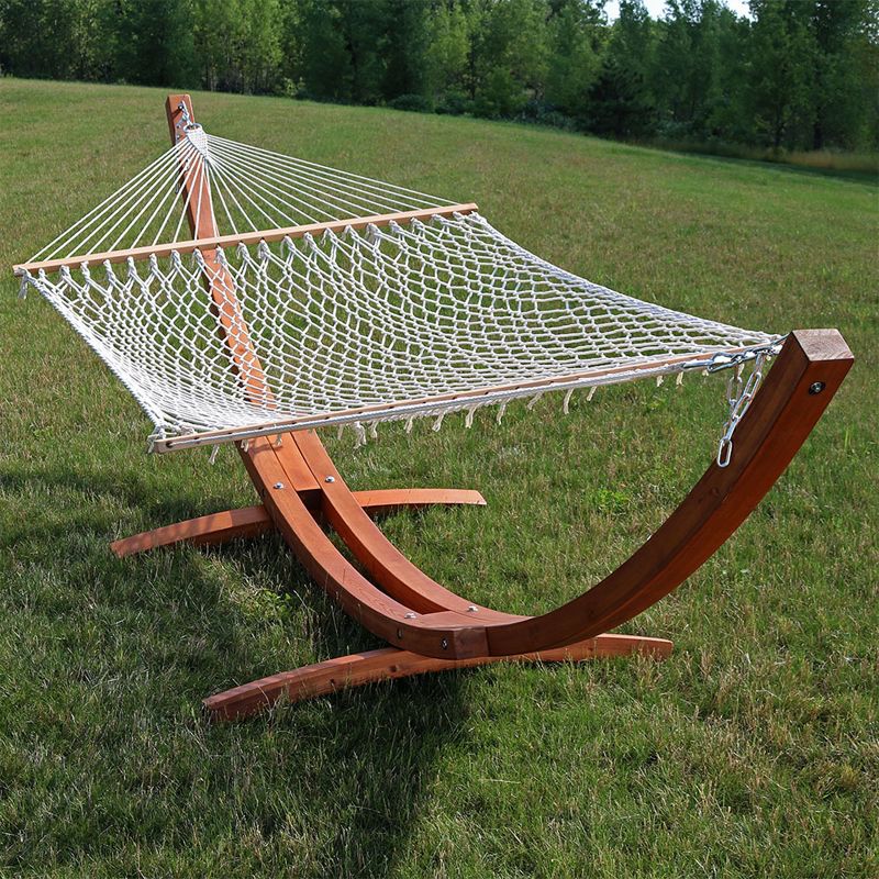 Sunnydaze Cotton Double Wide 2-Person Rope Hammock with Spreader Bars and Curved Arc Wood Stand -  400 lb Weight Capacity /13' Stand, 2 of 9