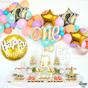 KatchOn, Gold Happy Birthday Balloon Set - 23 Inch, Big, Pack of 5 | Happy Birthday Mylar Balloons, Black And Gold Party Decorations - 1 of 4