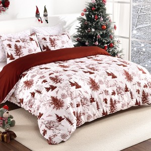Christmas Duvet Cover Set, Soft Microfiber, Reversible Red Holiday Bedding with Reindeer Print, Decorative Comforter Cover - 1 of 4