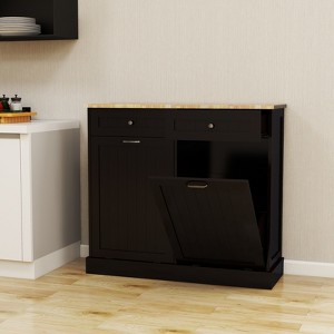 KWPZQEB 10 Gallon Tilt Out Trash Cabinet, Wooden Free Standing Recycling Trash Cabinet with 2 Drawers&2-Compartment Tilt-Out Trash Cabinet for Kitchen - 1 of 4
