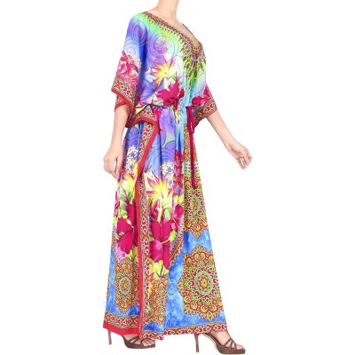 LA LEELA Women's House Daily Routine Evening Wear Dailywear Maxi Ethnic Caftan Casual Long Dress Dashiki Dresses for Women One Size Multi,Abstract