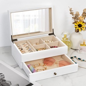 2-Layer Wooden Jewelry Box with Mirror and Ring Tray Vintage Style - 1 of 4