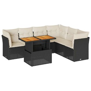 vidaXL 7 Piece Patio Sofa Set with Cushions Poly Rattan - Black and Cream 3x Corner + Table + 3x Middle - 1 of 4