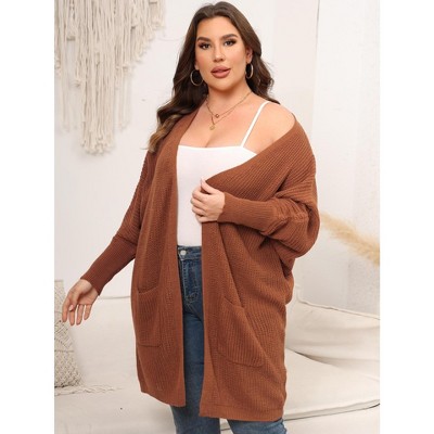 Womens Plus Size Cardigan Long Sleeves Mid Length Knit Sweater Open Front Casual Coat With Pockets