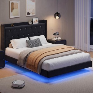 Floating Bed with Velvet Upholstered Storage Headboard for Apartment Bedroom, No Box Spring Needed, Noise Free - 1 of 4