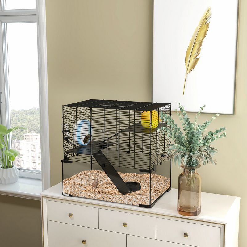 PawHut Hamster Cage, Mouse Cage with Glass Basin, Ramps, Platforms, Hut, Exercise Wheel, Black, 2 of 7