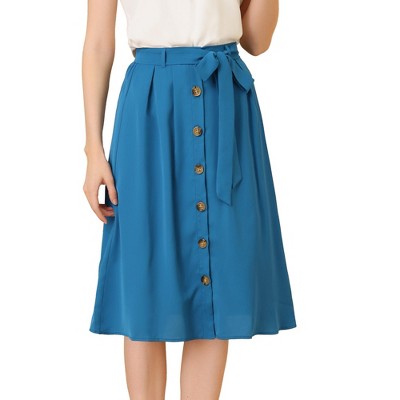 Allegra K Women's Button Front Casual High Waist Belted Midi Flare Skirt