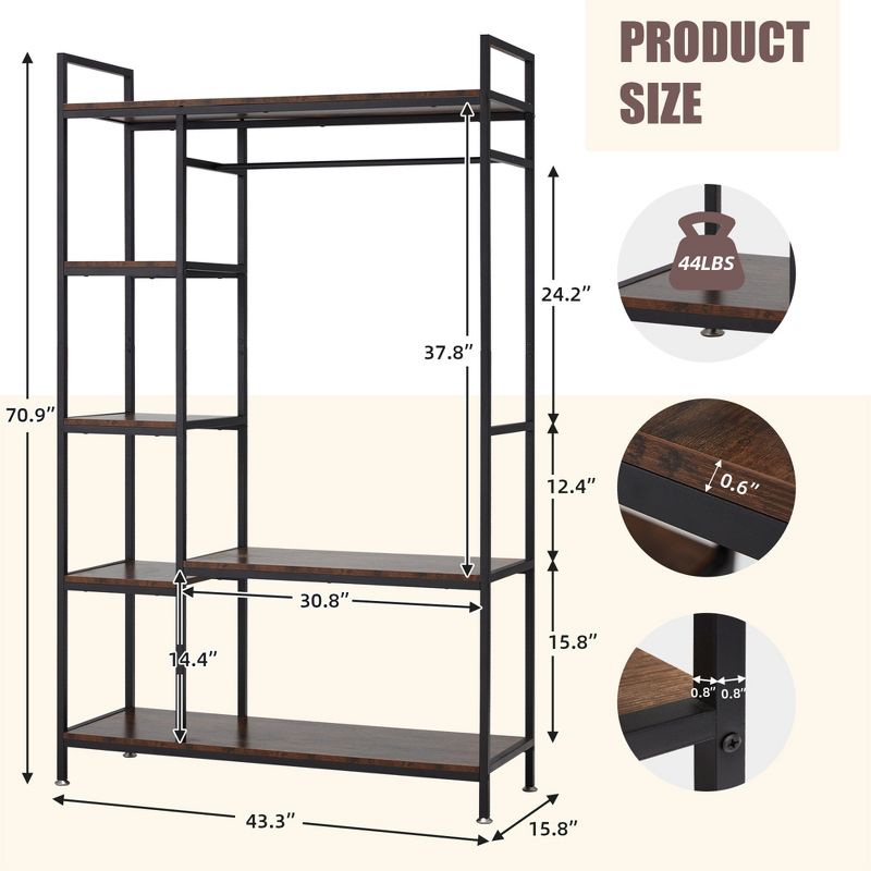 JOMEED Industrial Steel Freestanding Closet Clothing Garment Rack Organizer with 6 Shelves and Hanging Rod for Home, Dorm, and Bedroom, Black/Brown, 2 of 7