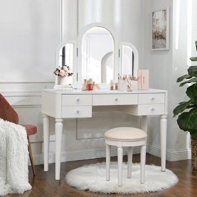 Vanity Set,Mirrored Vanity Table With LED Light And Drawers,Makeup Vanity Table And Cushioned Stool,Vanity Set For Bedroom-Cuddlewood