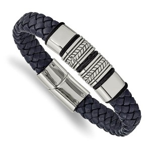 Black Bow Jewelry Men's Stainless Steel & Blue Leather Woven Bead Bracelet, 8.25 Inch - 1 of 4