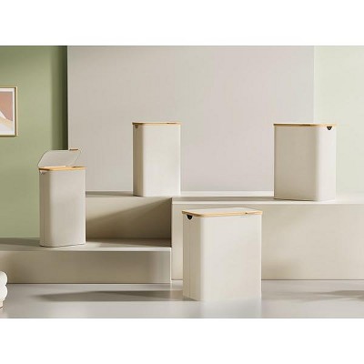 Cream White Collapsible 3-Section Laundry Hamper with Bamboo Lid