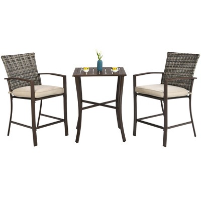 Brown Rattan and Steel 2-Person Patio Bar Set with Cushioned Stools