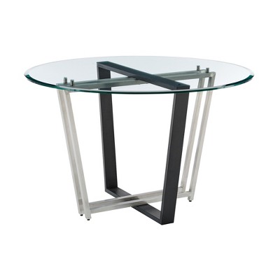 HomeRoots 48" Clear And Black Glass And Iron Sled Base Round Top Dining Table