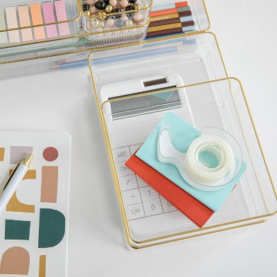 Clear Plastic Stackable Office Desk Drawer Organizers with Gold Trim, Set of 6