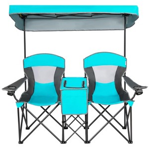 Gymax Double Folding Camping Chairs W/ Carrying Bag Outdoor 2-Seat Picnic Chair W/ Adjustable & Detachable Canopy Portable & Foldable Loveseat - 1 of 4