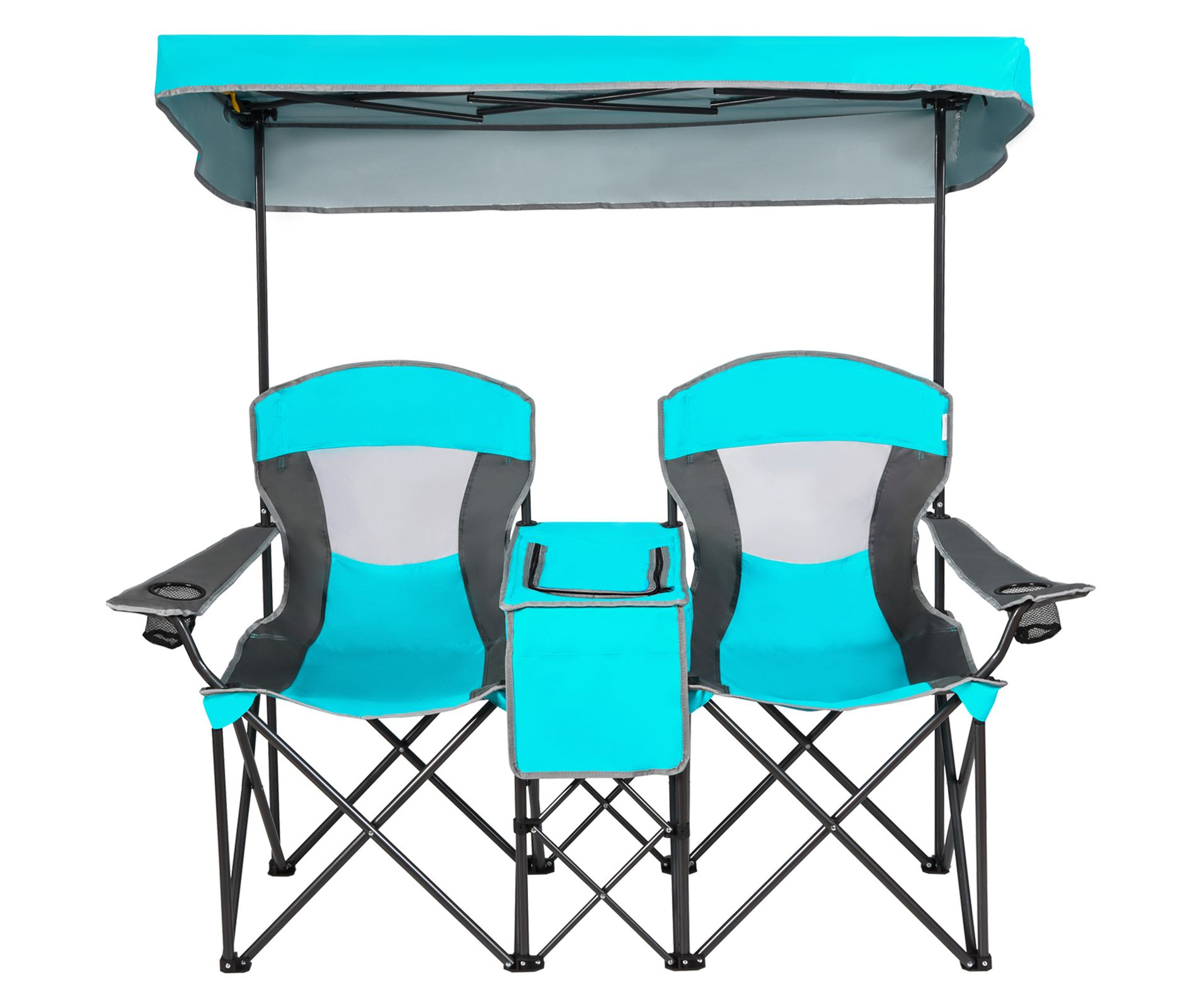 Gymax Double Folding Camping Chairs W/ Carrying Bag Outdoor 2-Seat Picnic Chair W/ Adjustable & Detachable Canopy Portable & Foldable Loveseat