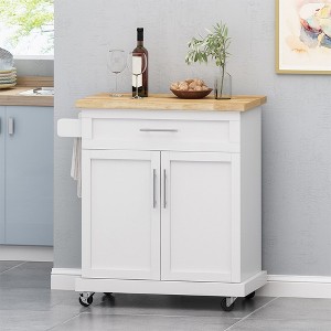 Kitchen Trolley Carts On Wheels Rolling Kitchen Island Cart With Rubberwood Countertop, With 1 Drawer 2 Doors, Towel Rack - 1 of 4
