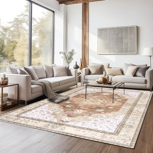 Washable Traditional Area Rug, Thin Foldable Distressed Floral Non-Slip Carpet for Bedroom Living Room Kitchen - 1 of 4