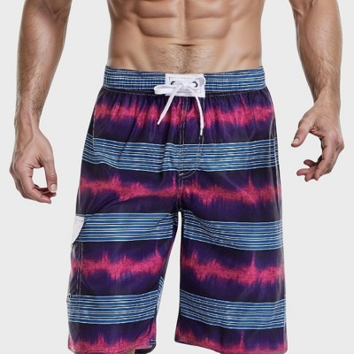 Anna-Kaci Swim Men's Vibrant Stripe Swim Trunks with Wave-Inspired Pattern and Drawstring Waistband in Quick-Dry Fabric
