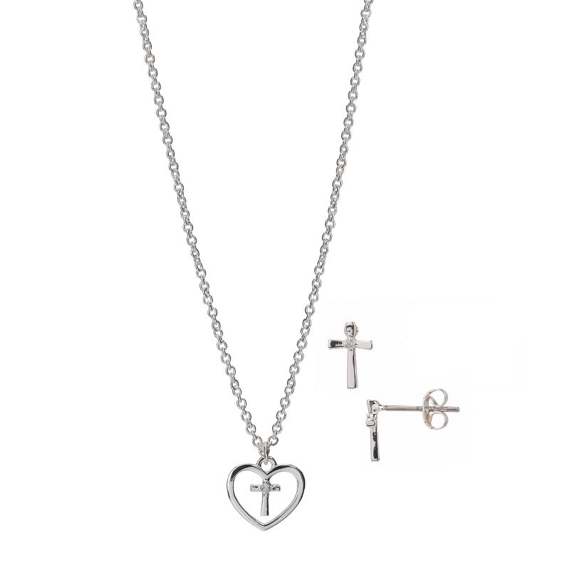 FAO Schwarz Silver Tone Heart and Cross Pendant Necklace and Earring Set, 1 of 4