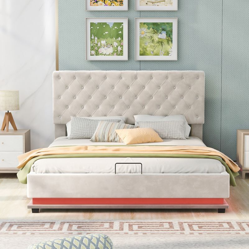 Queen Size Upholstered Storage Platform Bed with Adjustable Tufted Headboard and LED Light-ModernLuxe, 3 of 12