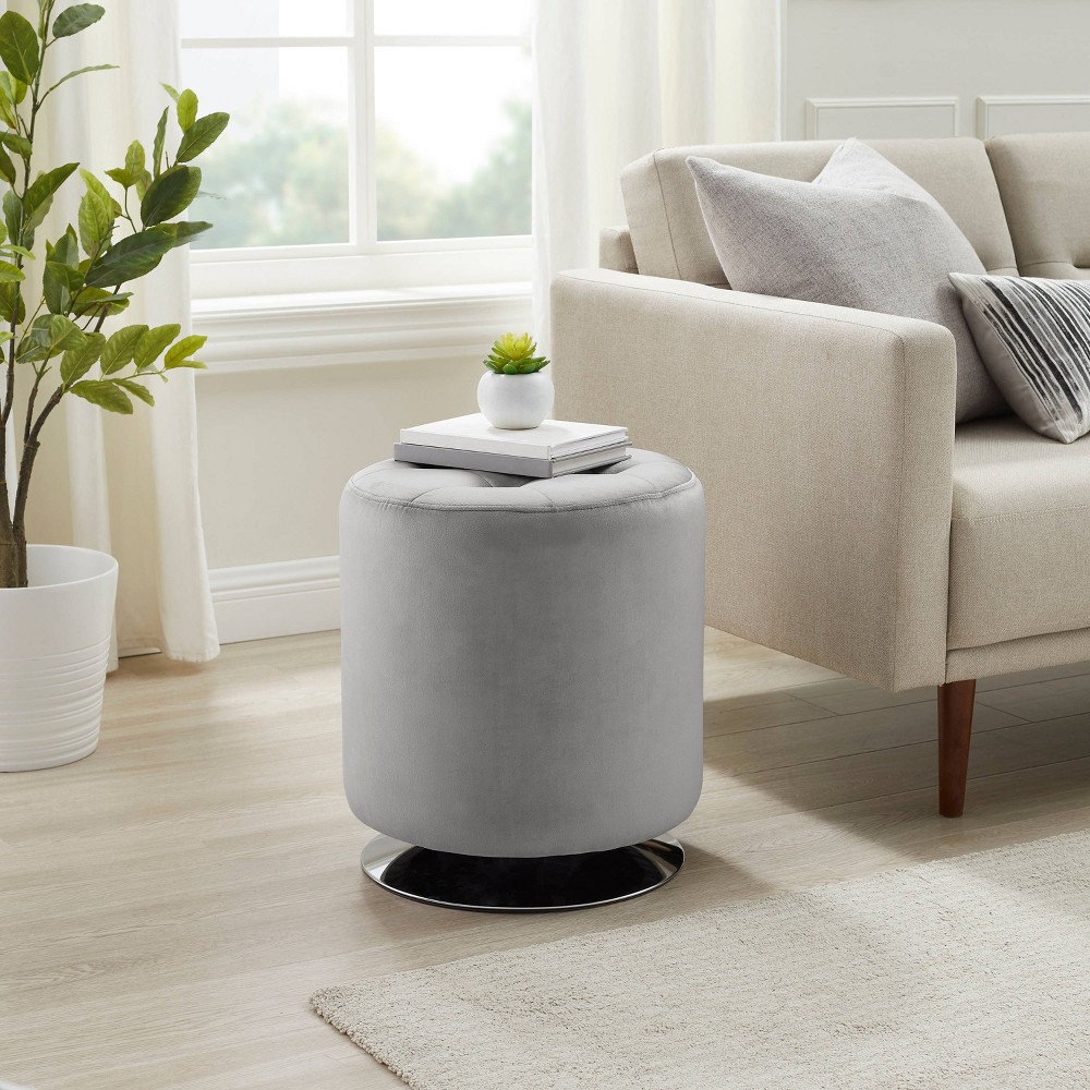 16.5" Stevens Modern Faux Leather & Chrome Swivel Ottoman: Tufted, No Assembly - Linon