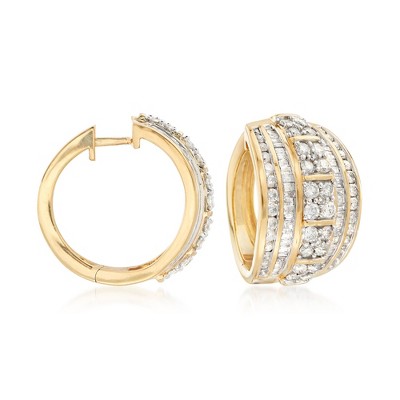 Ross-Simons 3.00 ct. t.w. Round and Baguette Diamond Hoop Earrings in 18kt Gold Over Sterling