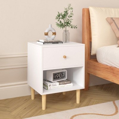 INFURNIC Nightstands Wooden Nightstand with One Drawer One Shelf Storage for Kids Adults Bedroom, White, 17.72"*14.96"*23.23"